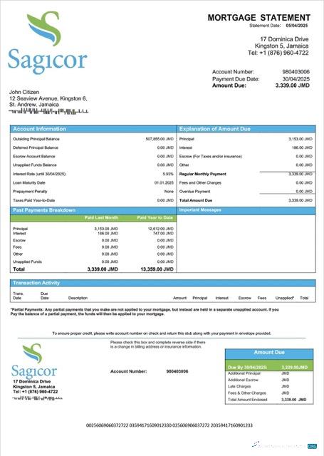 Download Jamaica Sagicor Bank Jamaica Limited mortgage statement Word and PDF template Photoshop template